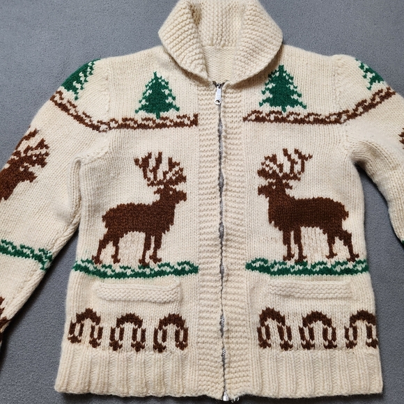 Vintage Wool Cowichan Zip Sweater Elk Evergreen Pattern Eclectic - Picture 4 of 12